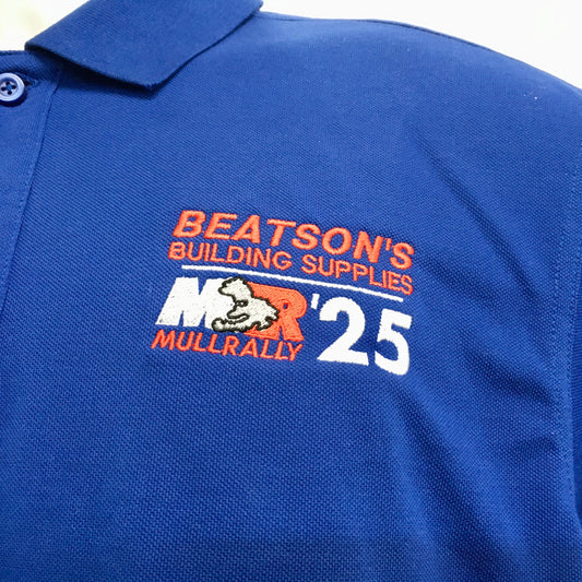 Blue polo shirt with 'Beatson's Building Supplies' and 'Mullrally' logo on a white background